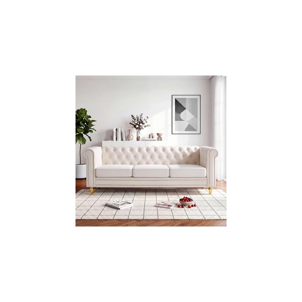 84'' Velvet Chesterfield Sofa,3 Seater Mid-Century Modern Couch,Beige