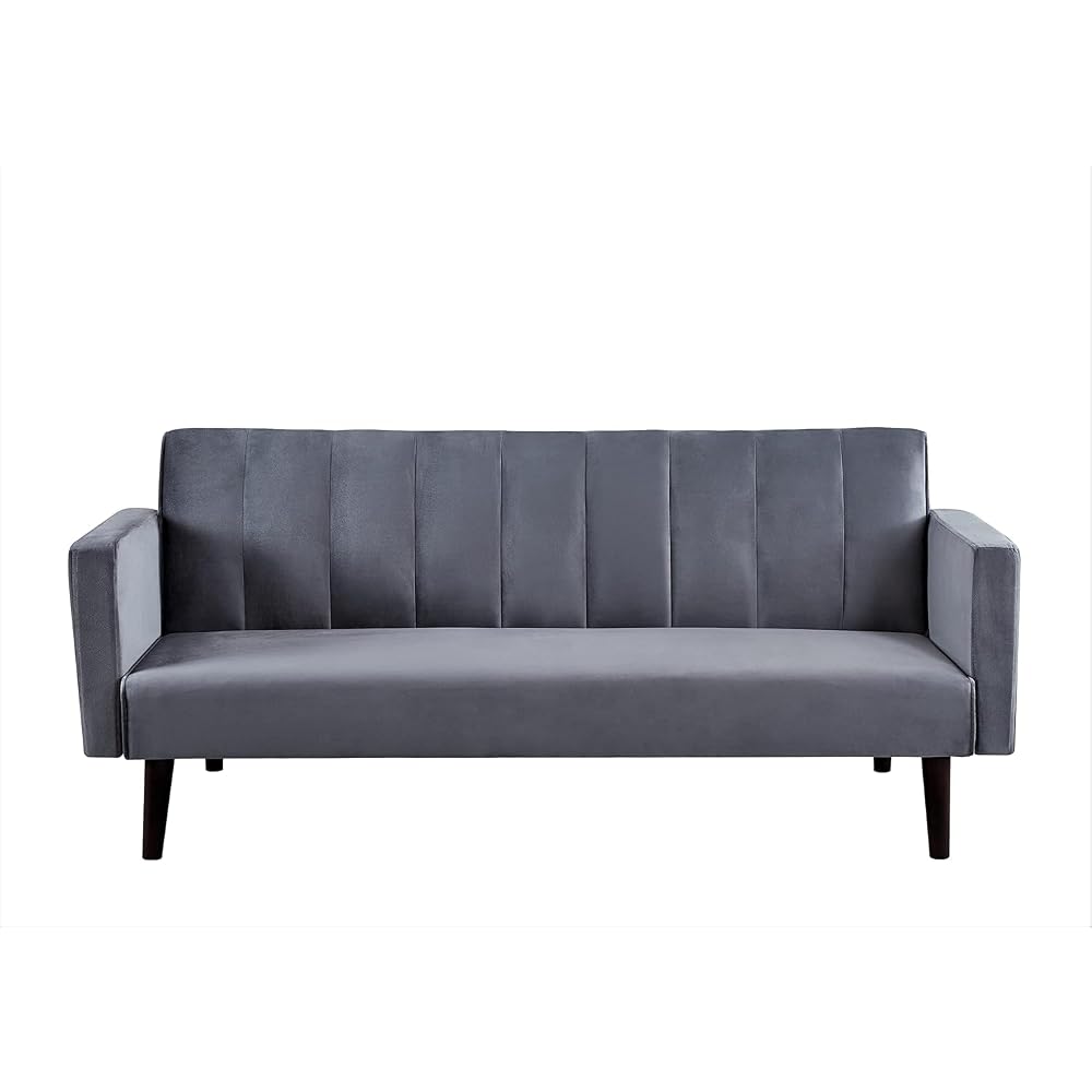 Container Furniture Direct 72" Velvet Convertible Futon Sofa Bed - Full Out Twin Sleeper Couch w/Channel Stitch, Wood Frame & High-Density Foam - Space-Saving for Apartments/Dorms, Grey