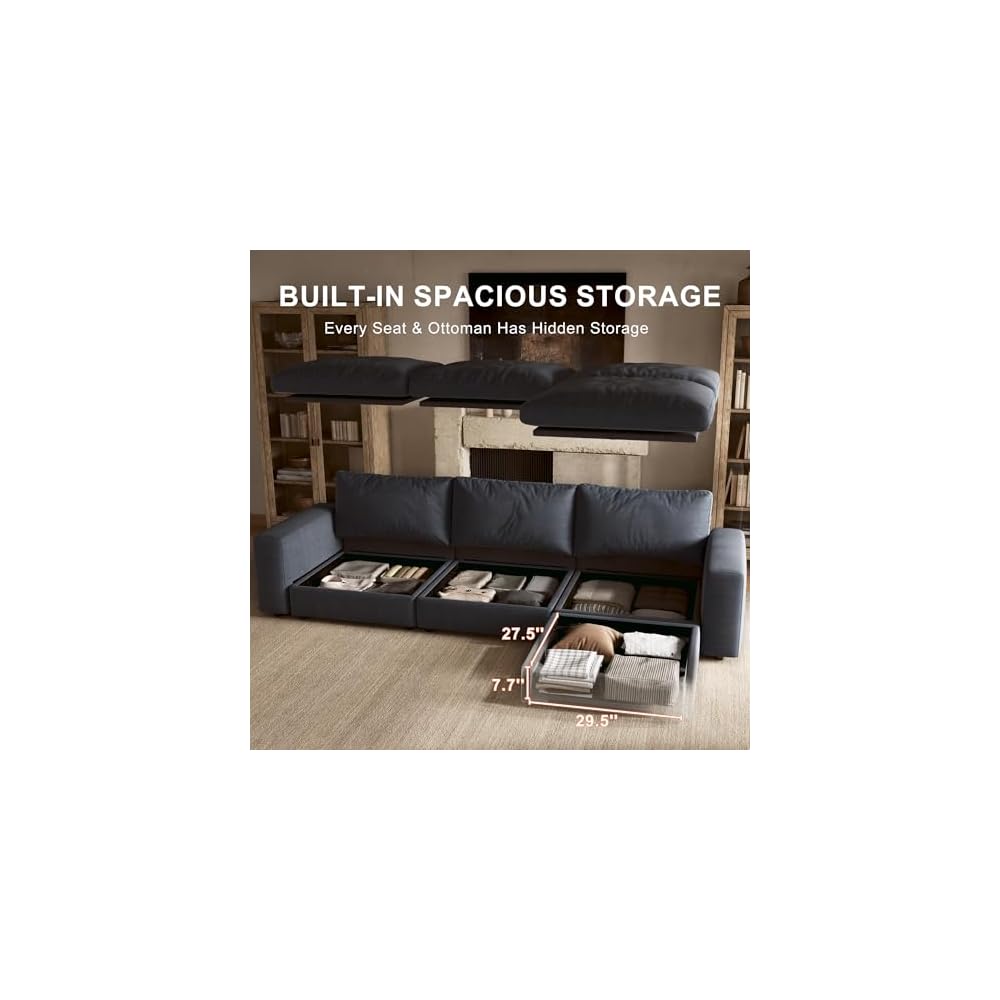 79'' Cloud Sectional Couch with Washable Cover, Oversized L-Shaped Sectional Couch with Throw Pillow and Storage Ottoman, Deep Seat Modular Sectional Loveseat Sofa for Living Room, Blue
