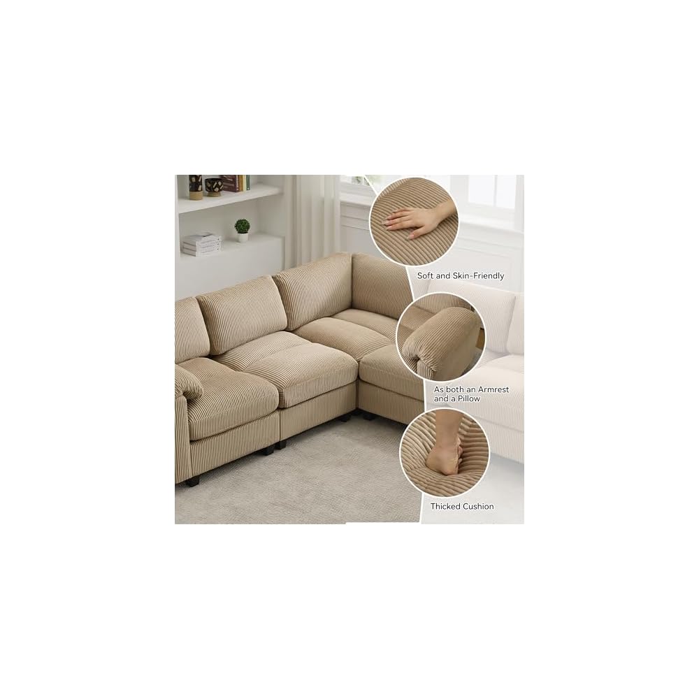 87'' V-Shaped Sectional Sofa Couch, 5-Seater Modular Couches for Living Room, Corduroy Deep Seat Cloud Sofa with Center Stitched, Camel