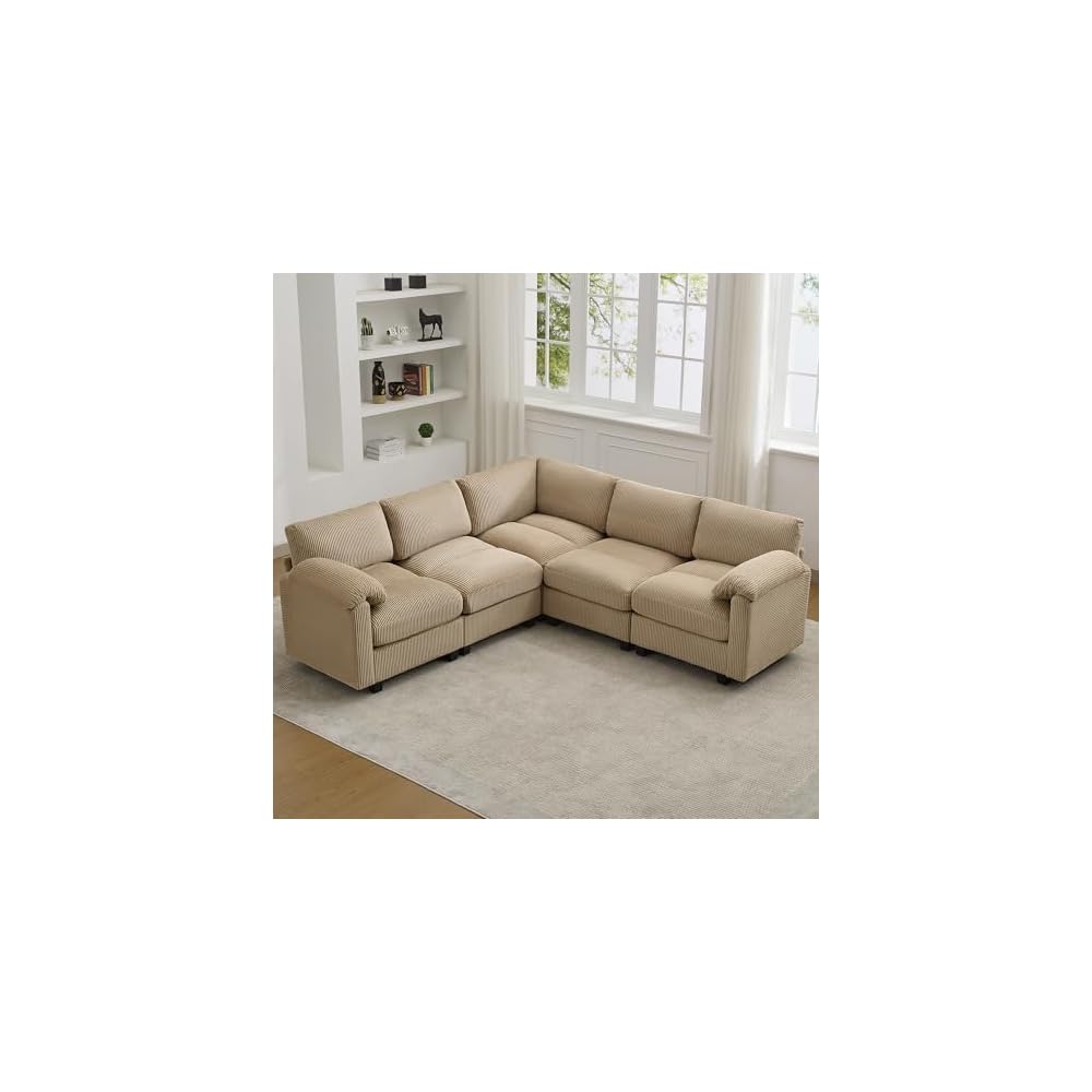 87'' V-Shaped Sectional Sofa Couch, 5-Seater Modular Couches for Living Room, Corduroy Deep Seat Cloud Sofa with Center Stitched, Camel