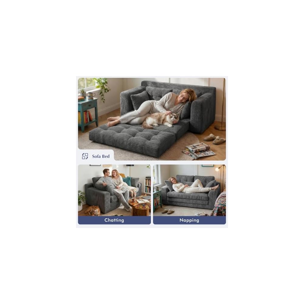 Homkdom Boneless Loveseat Sofa, Convertible Sofa Bed for Small Spaces, Grey