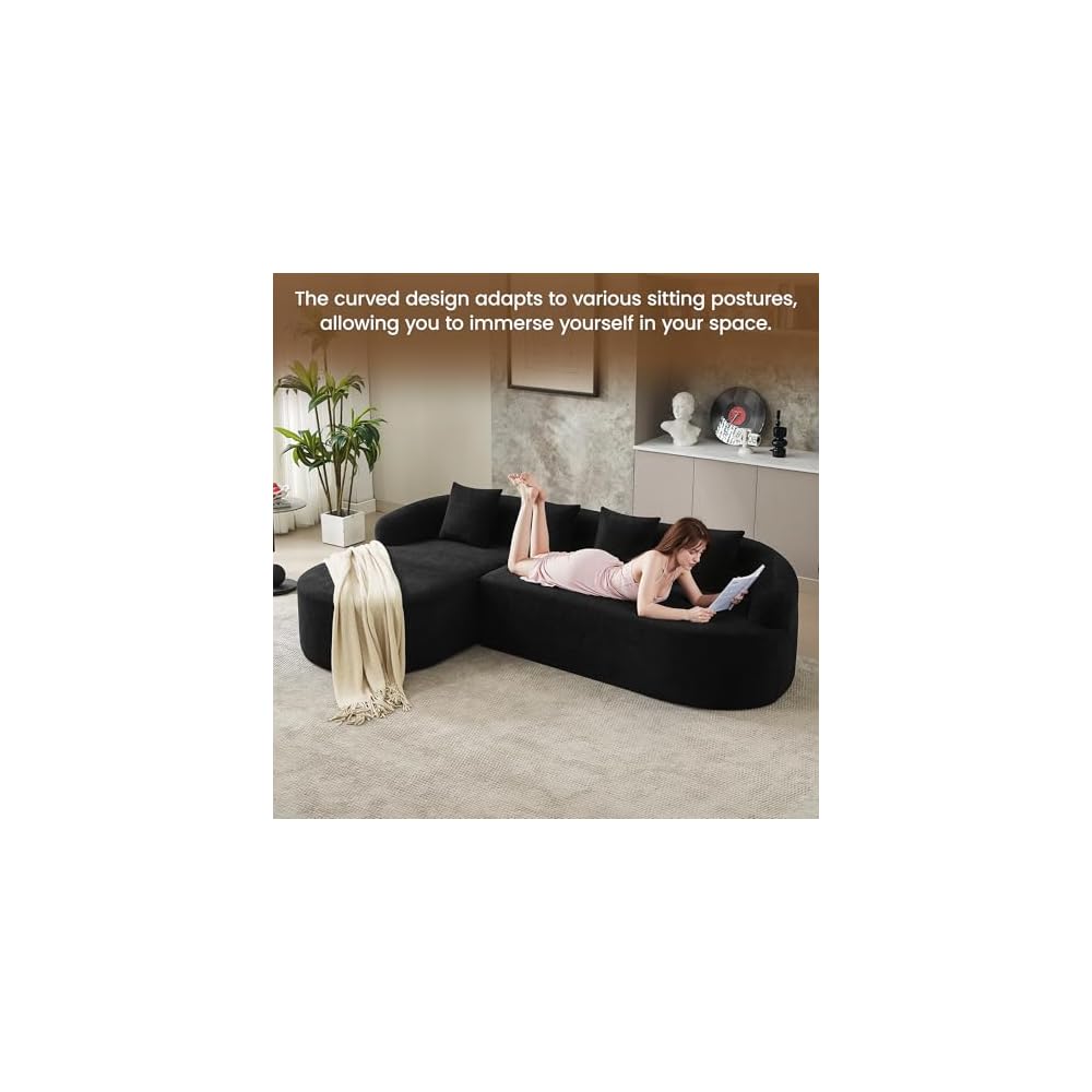 105" Boneless L Shaped Sectional Couch, Curved Cloud Deep Seat Sofa with Chaise Lounge, Oversized 4 Seater Couches for Living Room, No Assembly, Chenille Black