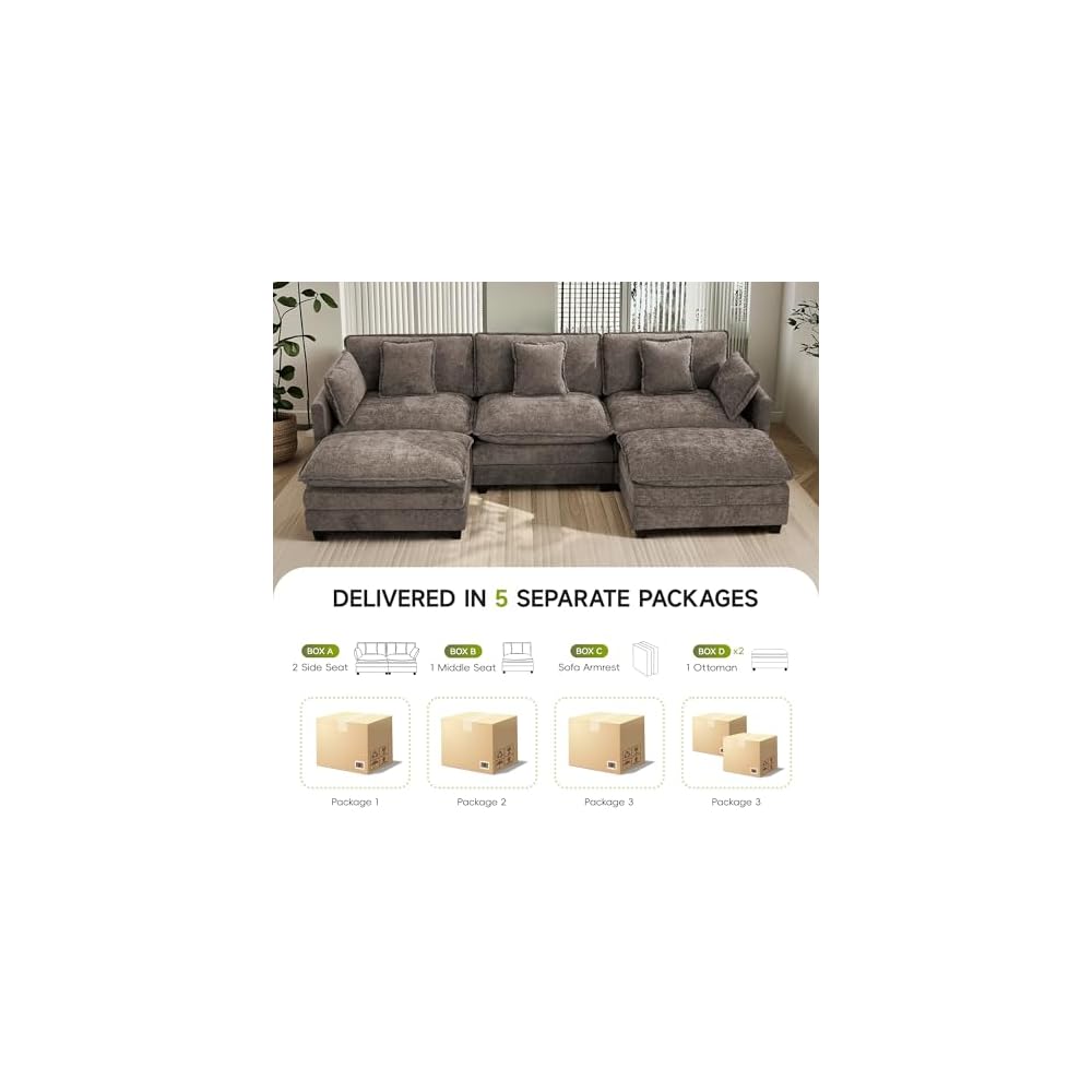 3-Seater Cloud Couch with 2 Ottomans, Oversized Modular Sectional U Shaped Sofa with Deep Seat Cushions, Comfy Chenille Couch for Living Room, Brown
