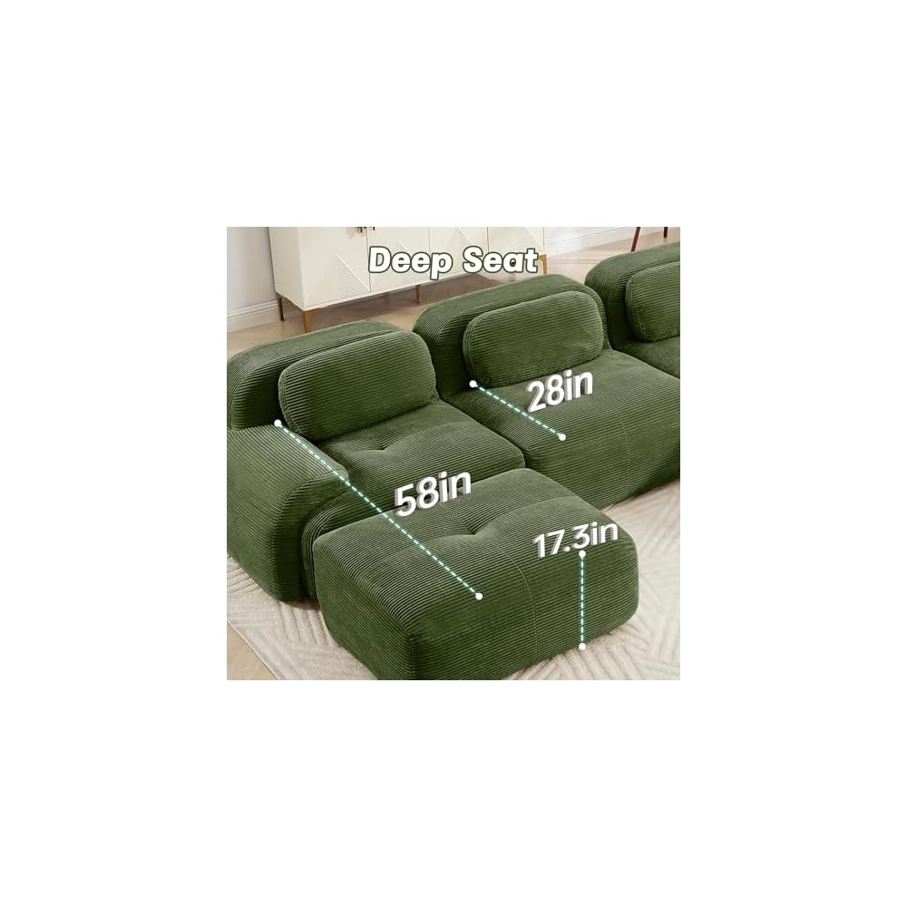 Modular Sectional Sofa Boneless Couch, Cloud Sectional Couches for Living Room, Oversized L Shaped Couch with Deep Seat and Ottoman, Comfy Corduroy Upholstery Green Couches, No Assembly(4S+1O)