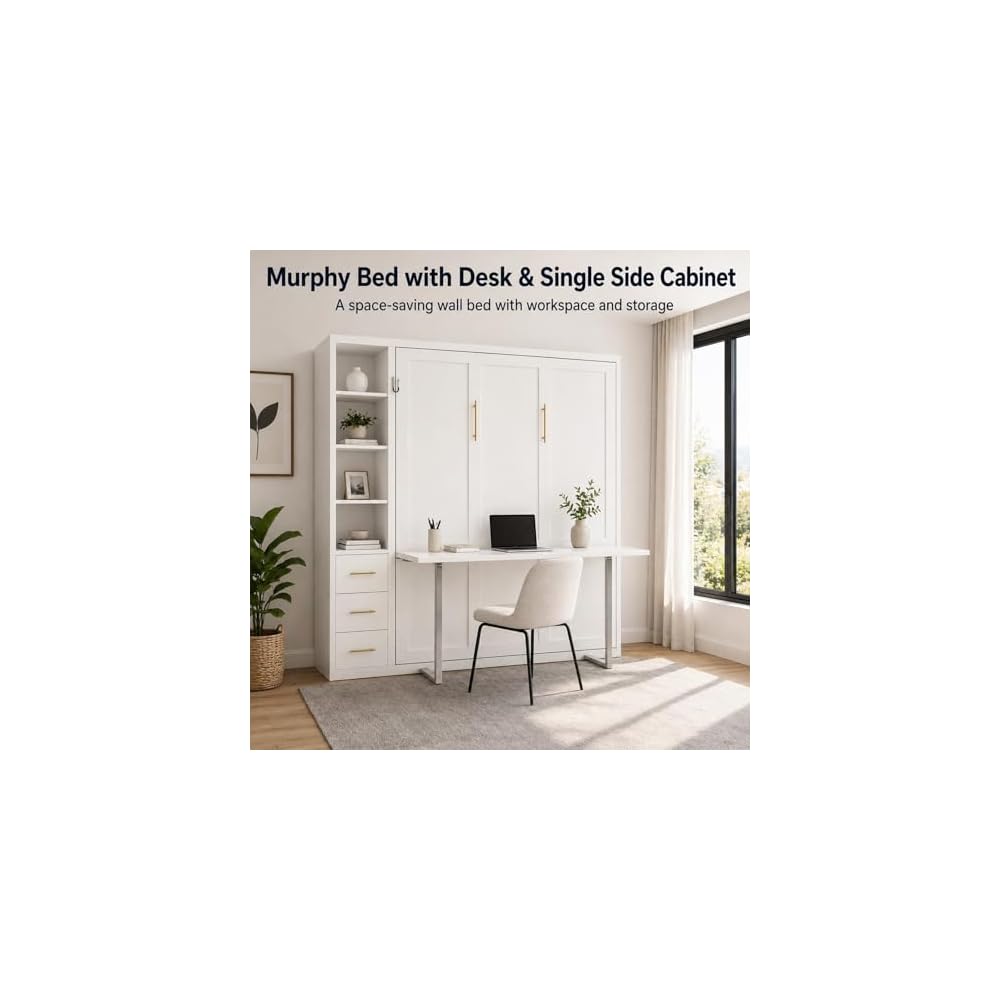 Queen Size Murphy Bed with Desk and Single Side Cabinet, White Wall Bed with Bookcase Shelves, 3 Drawers, Automatic Legs, Hydraulic Assist, Space Saving Bed for Bedroom,Guest Room,Home Office