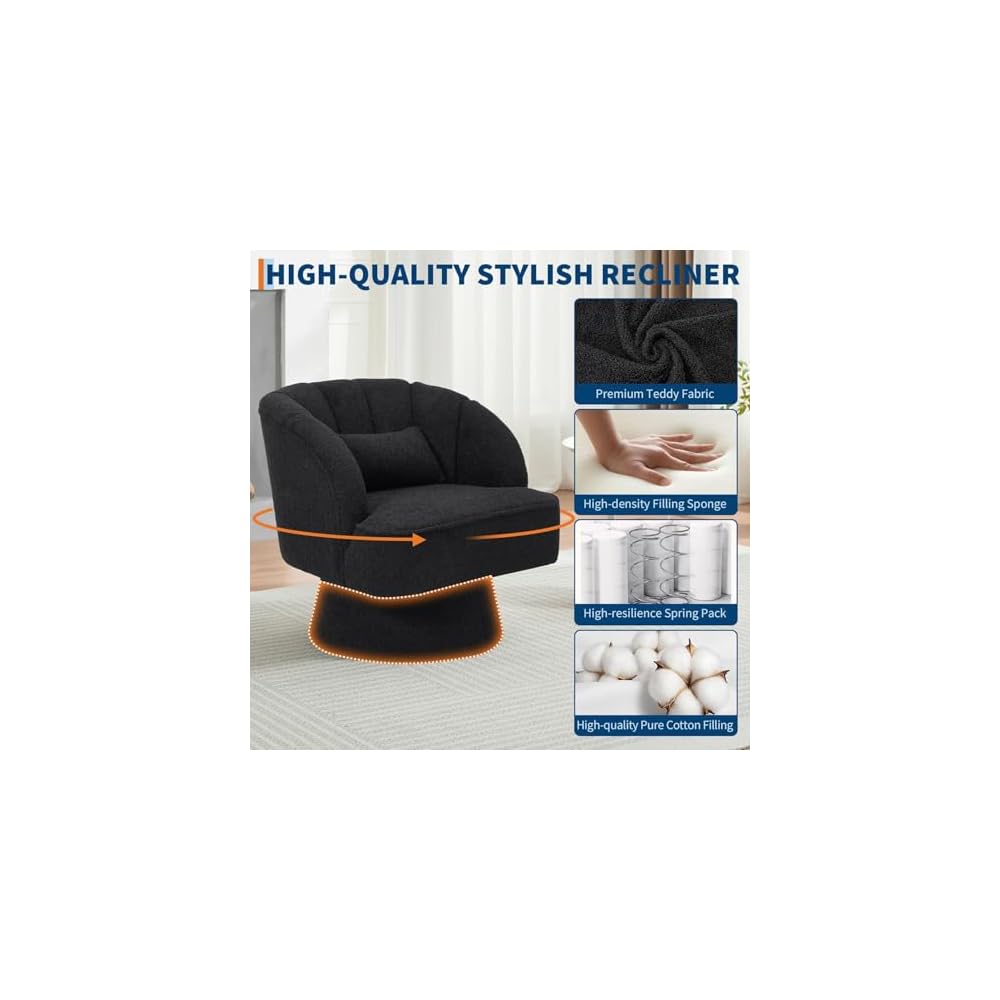 Set of 2 Modern Teddy Fabric Swivel Barrel Chairs, 360° Rotating Lounge Armchairs with Striped Backrest and Soft Cushion, Comfy Accent Chairs for Living Room, Bedroom, or Reading Nook, Black