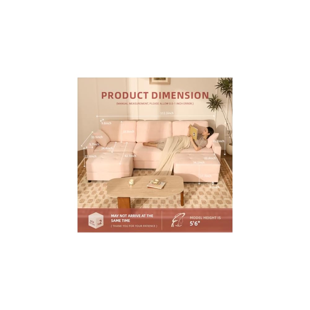 112" U Shaped Modular Cloud Sectional Couch, Waffle Fabric, Pink