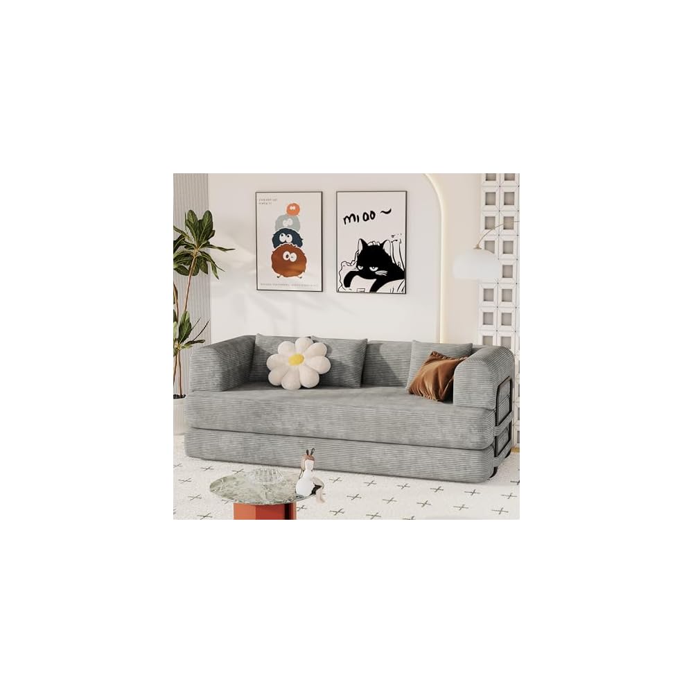 HAOBO Home Convertible Sofa Bed Compression Sofa with Armrests and Backrest Corduroy Sleeper Sofa Bed with 3 Pillows Modular Sectional for Living Room, Bedroom, Lounge, Studio