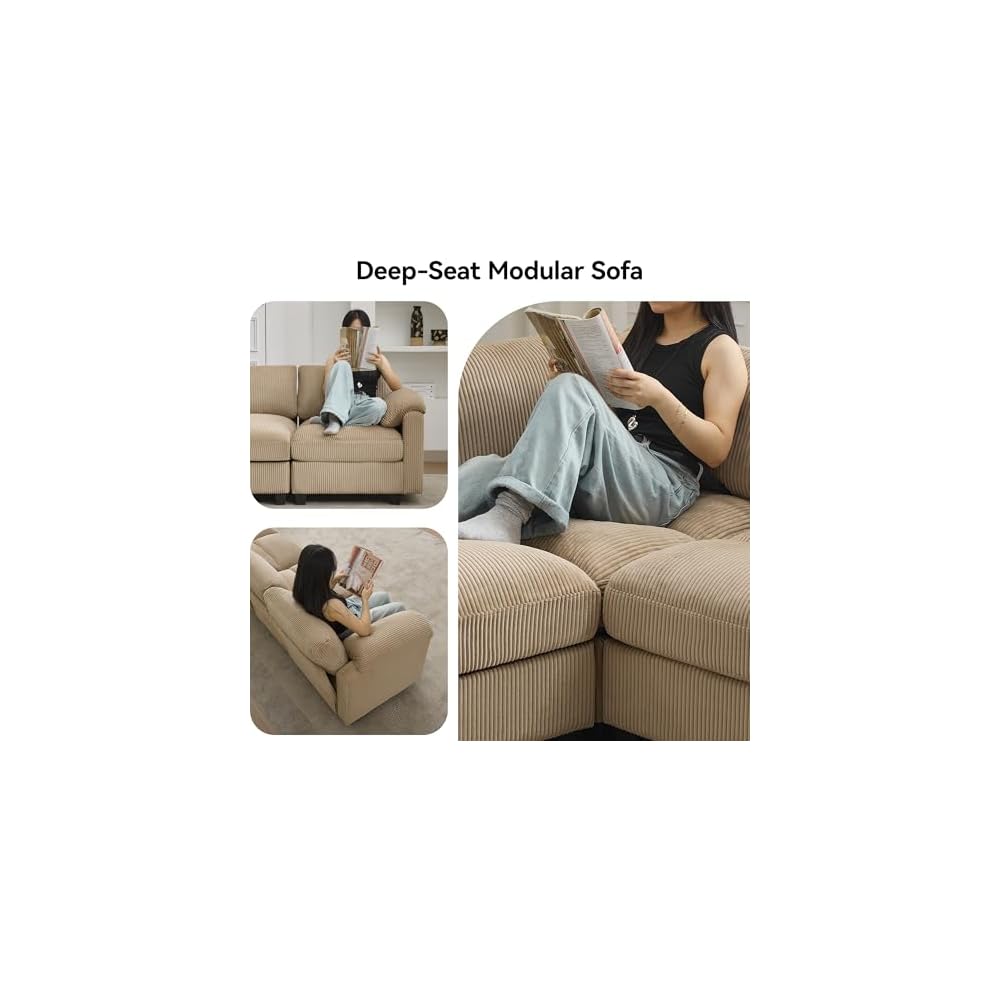 87'' V-Shaped Sectional Sofa Couch, 5-Seater Modular Couches for Living Room, Corduroy Deep Seat Cloud Sofa with Center Stitched, Camel