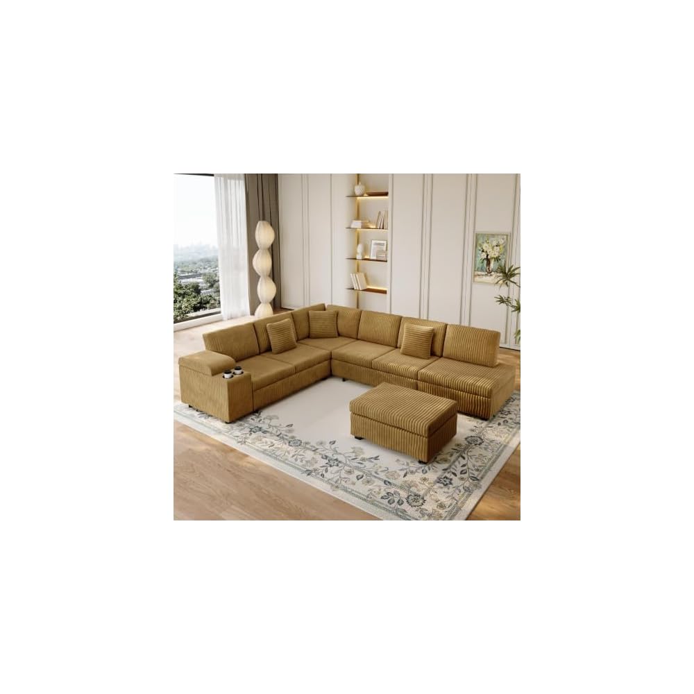 110" L-Shaped Modular Sectional Couch with Pull-Out Bed, Corduroy Convertible 6-Seater Sleeper Sofa Bed with USB Ports & Cup Holders for Living Room, Easy Assembly, Camel