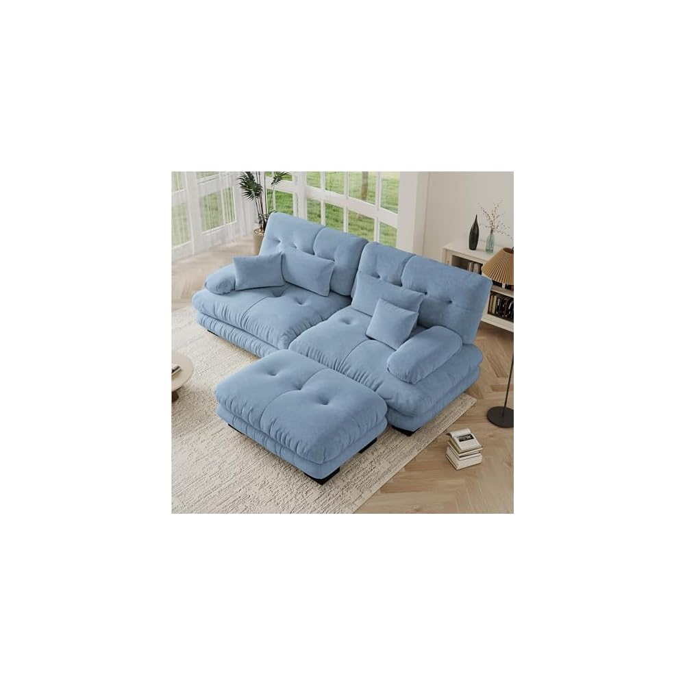 94.4" Convertible Modular Sectional Sofa, Modern Chenille L-Shaped Couch with Ottoman, Comfy 2 Seater Cloud Loveseat Sofa for Small Space, Bedroom, Upholstered Couches for Living Room, Blue