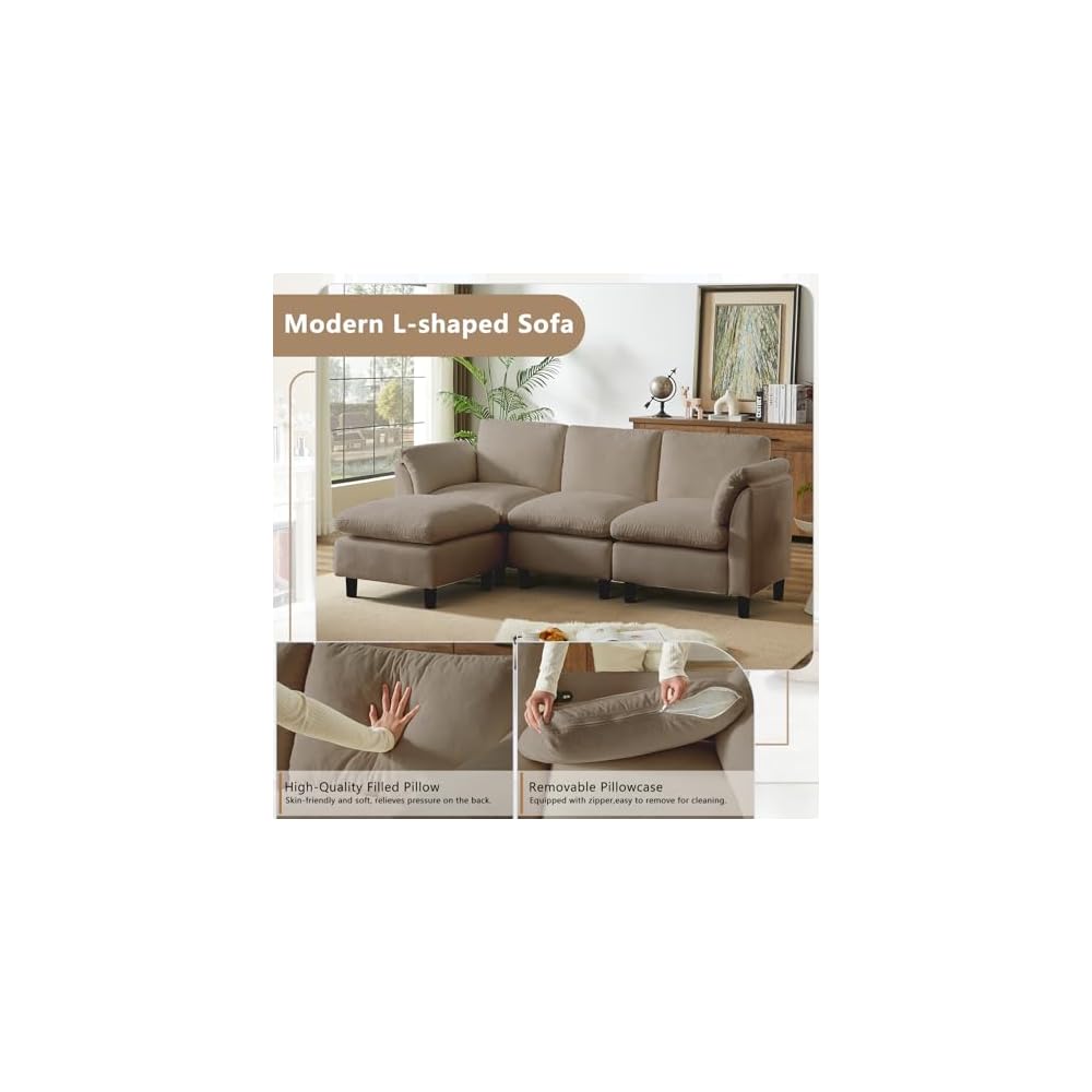 87" Convertible Sectional Sofa Couch,3 Seat L Shaped Sofa with Removable Ottoman,Comfy Chenille Fabric Small Cloud Couch for Living Room, Apartment and Office(Brown)
