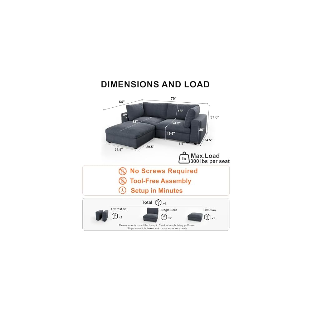 79'' Cloud Sectional Couch with Washable Cover, Oversized L-Shaped Sectional Couch with Throw Pillow and Storage Ottoman, Deep Seat Modular Sectional Loveseat Sofa for Living Room, Blue