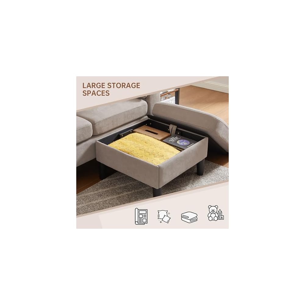 Sectional Sofa for Living Room, 80" L Shaped 3 Seater Couch with Movable Storage Ottoman Armrest Pillows, Polyster Fabre Comfy Sofa for Small Spaces, Beige