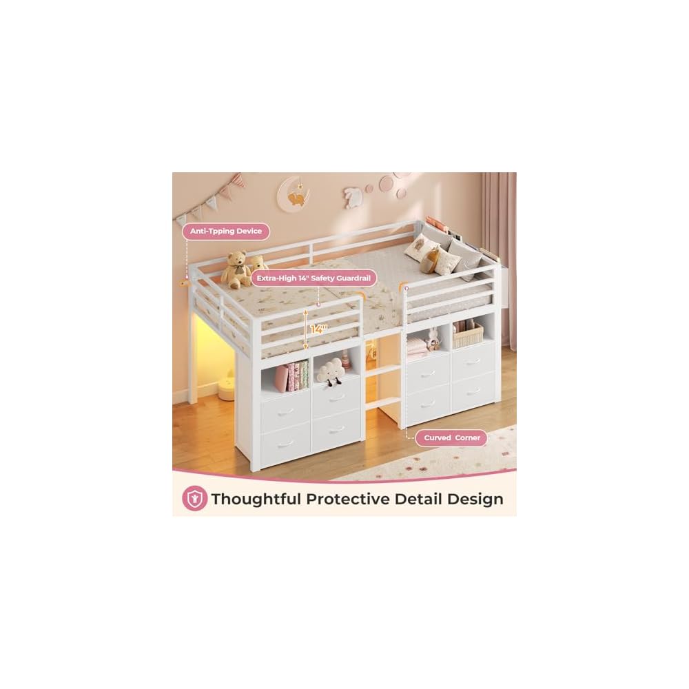 ADORNEVE Low Loft Bed Twin Size with 8 Storage Drawers for Kids, White