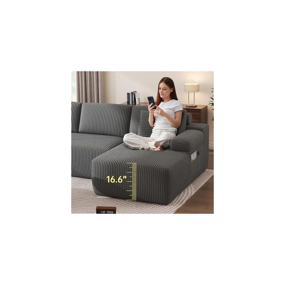 126" Boneless Sectional Couch, U-Shaped Modular Sofa with Chaise, Gray