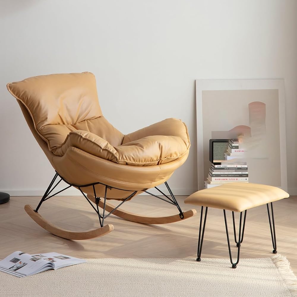 Leisure Sofa Rocking Chair and Footstool, Modern Armless Chair Recliner Chair,Sofa Chair for Bedroom,Balcony, Comfortable  Chair with Seat Cushion (Color : /Khaki, Size : with