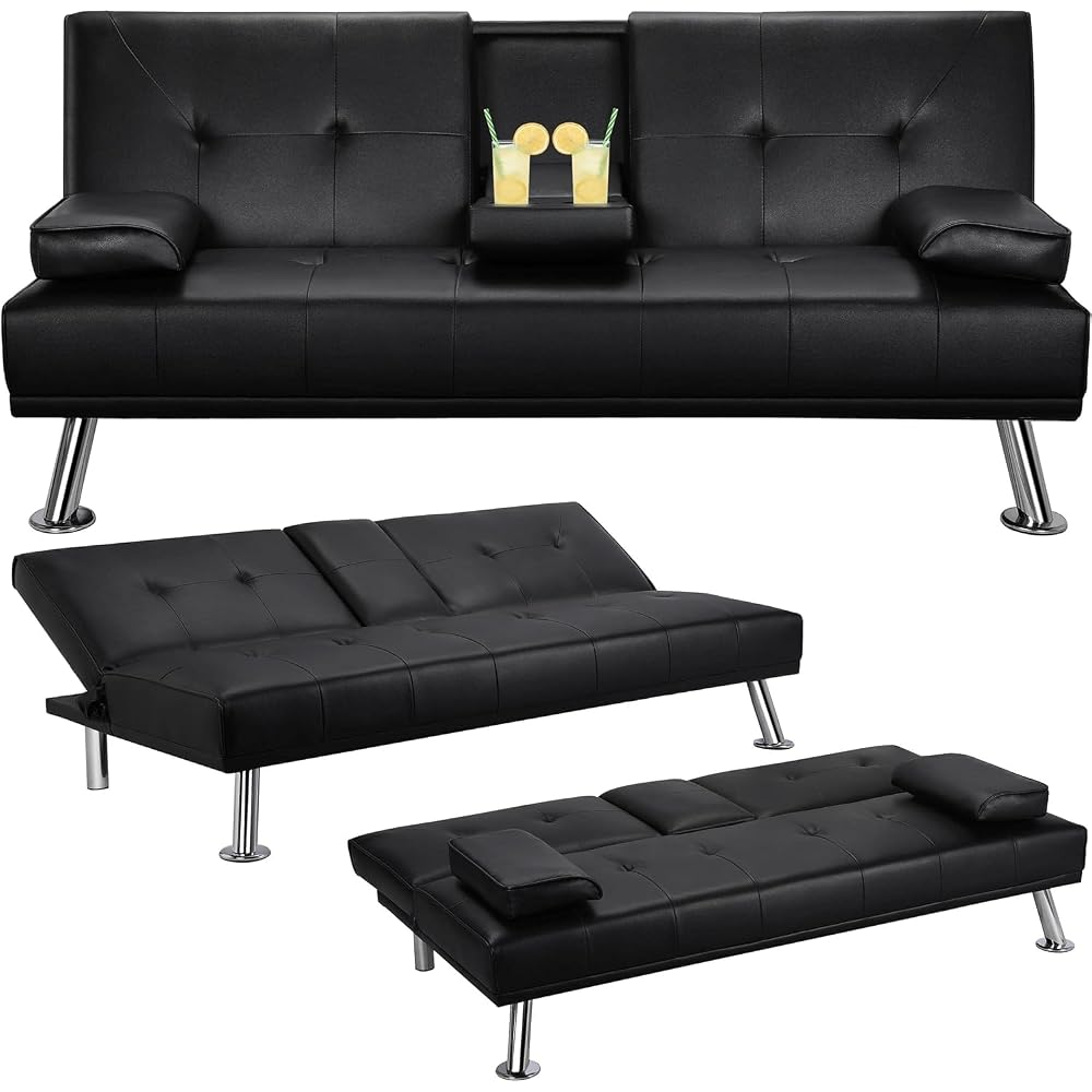 Convertible Folding Futon Sofa Bed with Metal Legs & 2 Cupholders, (Black)