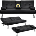 Convertible Folding Futon Sofa Bed with Metal Legs & 2 Cupholders, (Black)