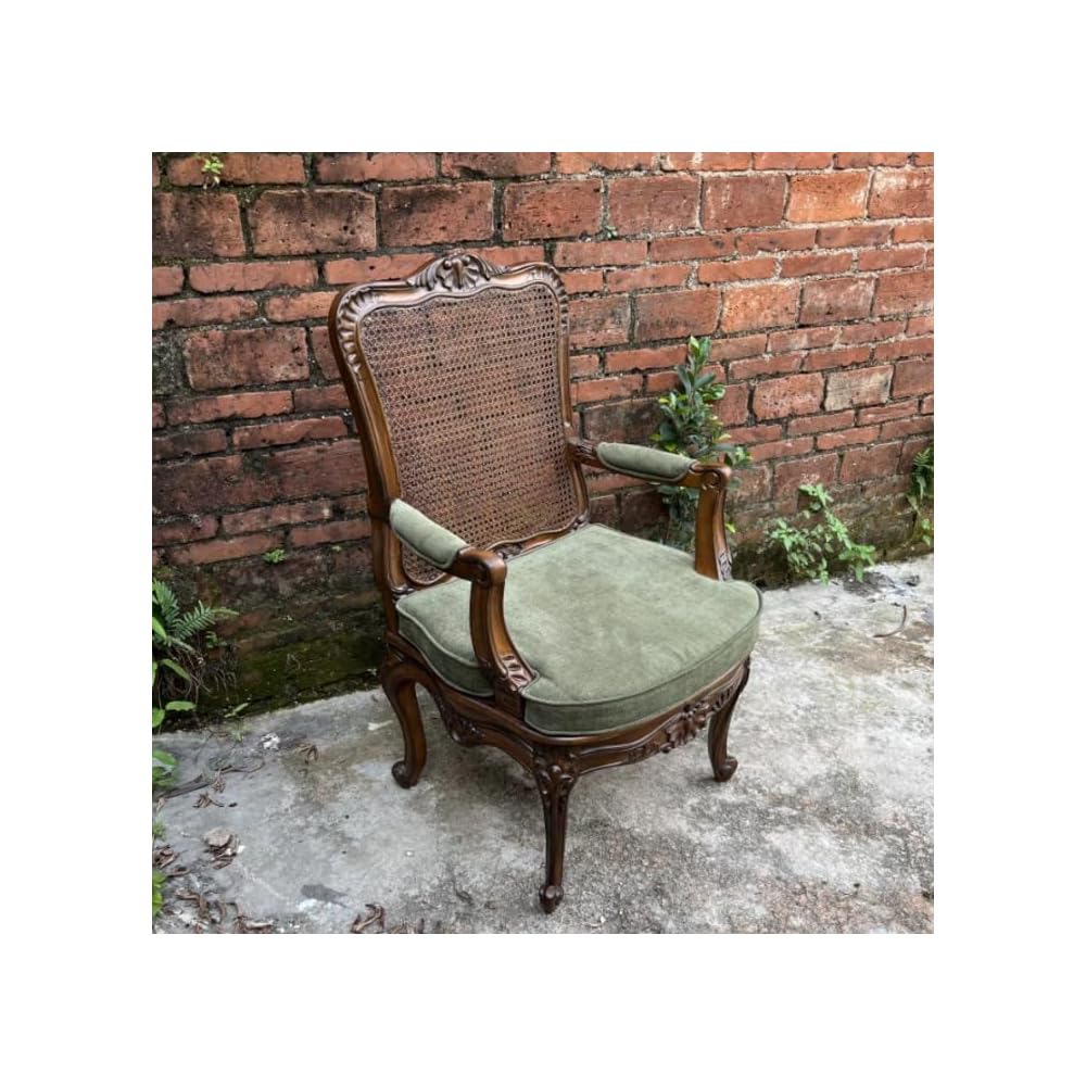 Vintage Rattan Accent Armchair – Solid Wood Upholstered Lounge Chair with Cane Back for Living Room, Reading Nook