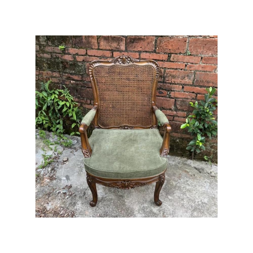 Vintage Rattan Accent Armchair – Solid Wood Upholstered Lounge Chair with Cane Back for Living Room, Reading Nook
