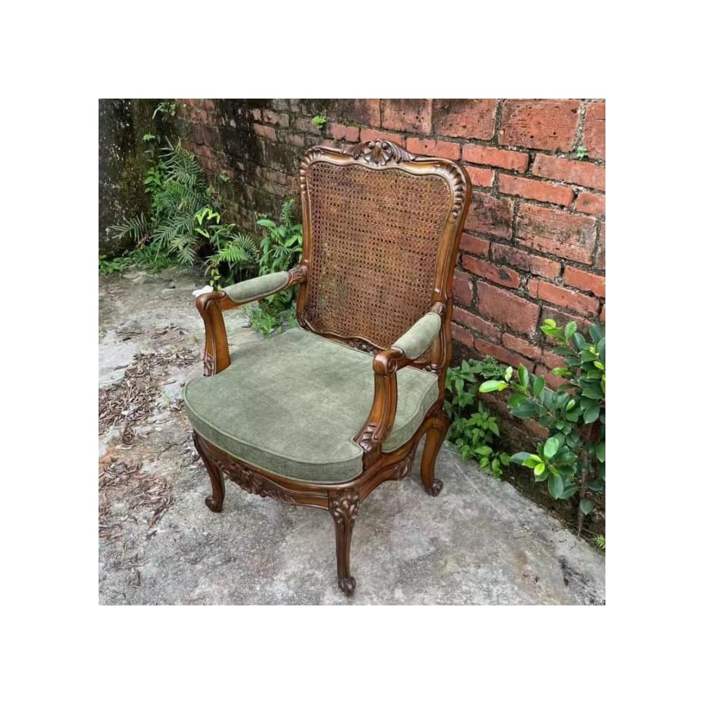 Vintage Rattan Accent Armchair – Solid Wood Upholstered Lounge Chair with Cane Back for Living Room, Reading Nook