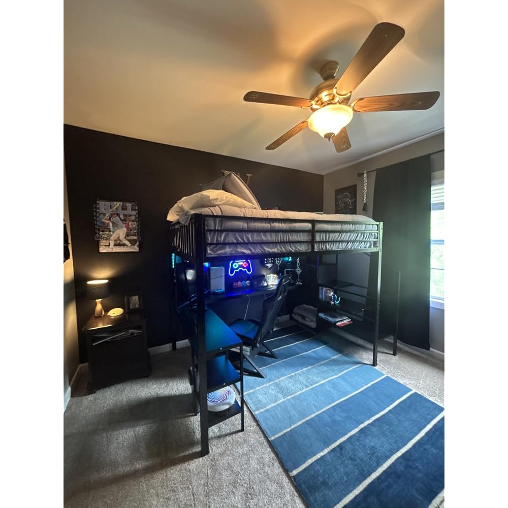 Queen Size Loft Bed with Desk and Stairs,Metal Gaming Loft Bed Queen with Wardrobe and Shelf, High Loft Bed with LED & USB Charging Station for Teens, Adults, Space Saving Design,Black