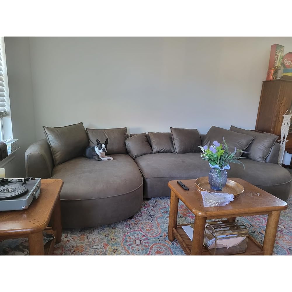 KEIKI 129" Curved Modular Leathaire Sectional Sofa with Right Chaise, Brown