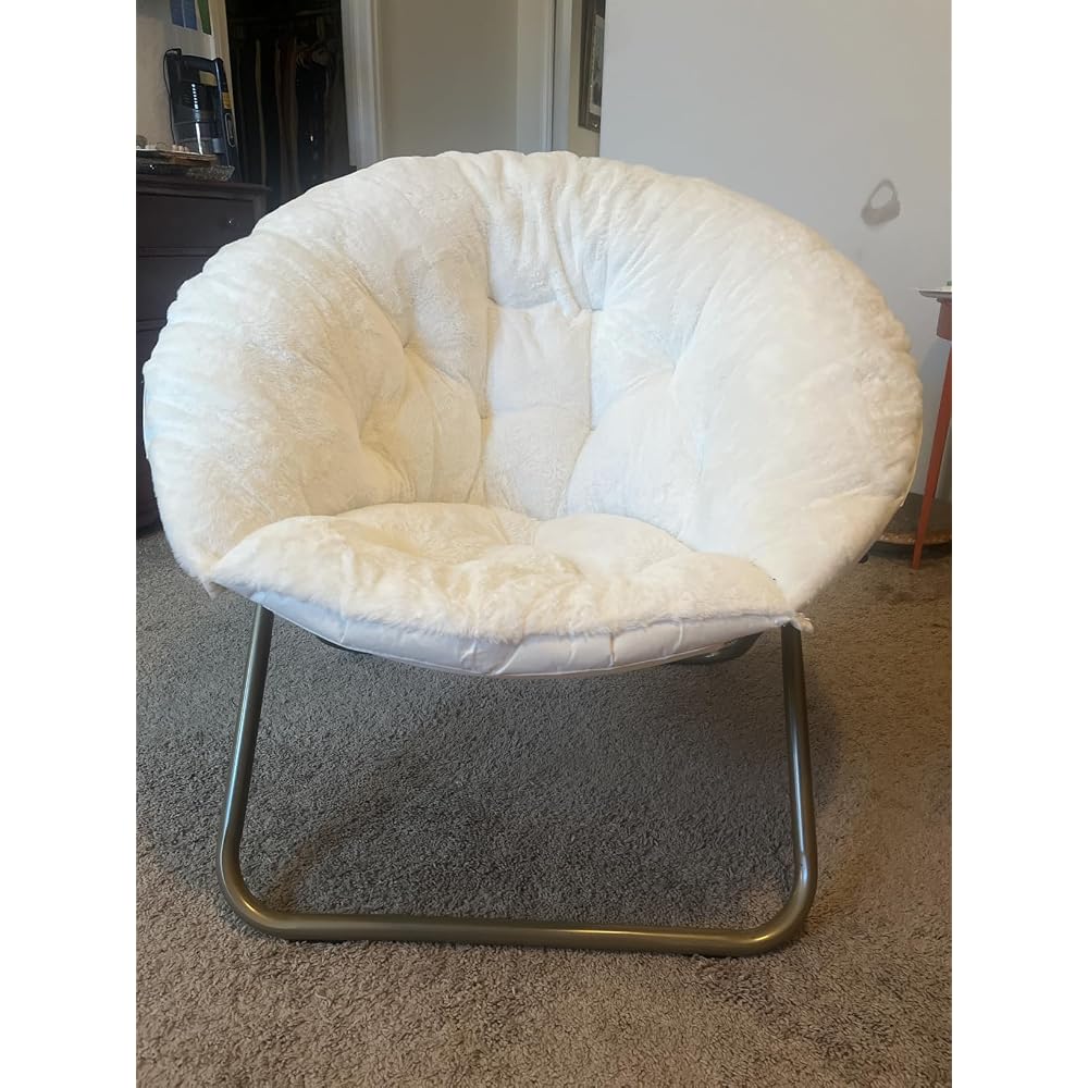 Sweetcrispy Saucer Chairs, Comfy Folding Cozy Faux Fur Living Room Reading Lounge Chair with Soft Thick Padded Seat & Metal Frame Modern Style Bedroom Home Dorm for Kids Adults, X-Large - Peach