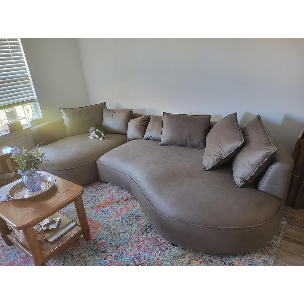 KEIKI 129" Curved Modular Leathaire Sectional Sofa with Right Chaise, Brown
