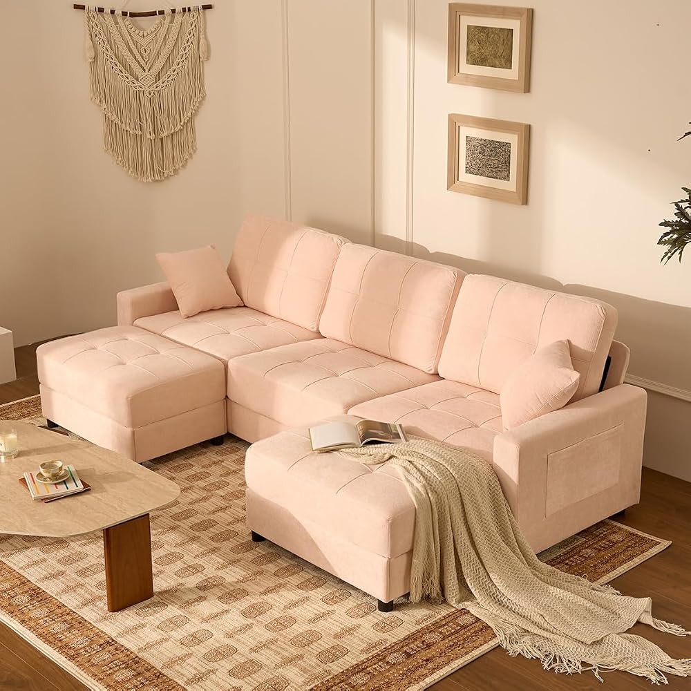 112" U Shaped Modular Cloud Sectional Couch, Waffle Fabric, Pink