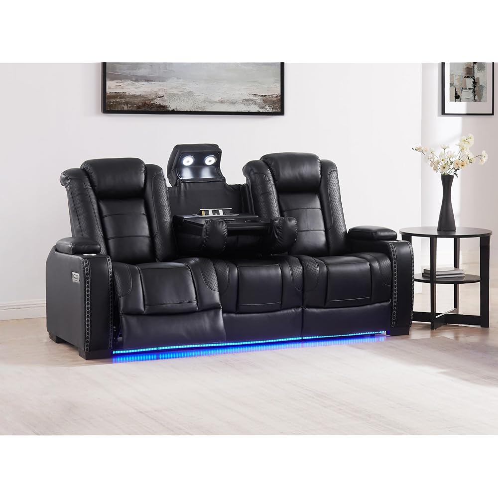 3 Seats Black PU Breather Leather Power Recliner Sofa for Living Room.