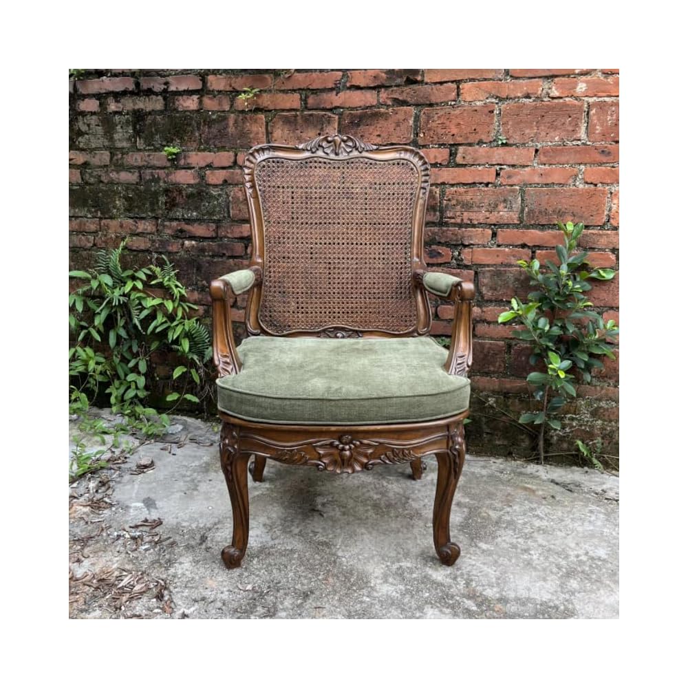 Vintage Rattan Accent Armchair – Solid Wood Upholstered Lounge Chair with Cane Back for Living Room, Reading Nook
