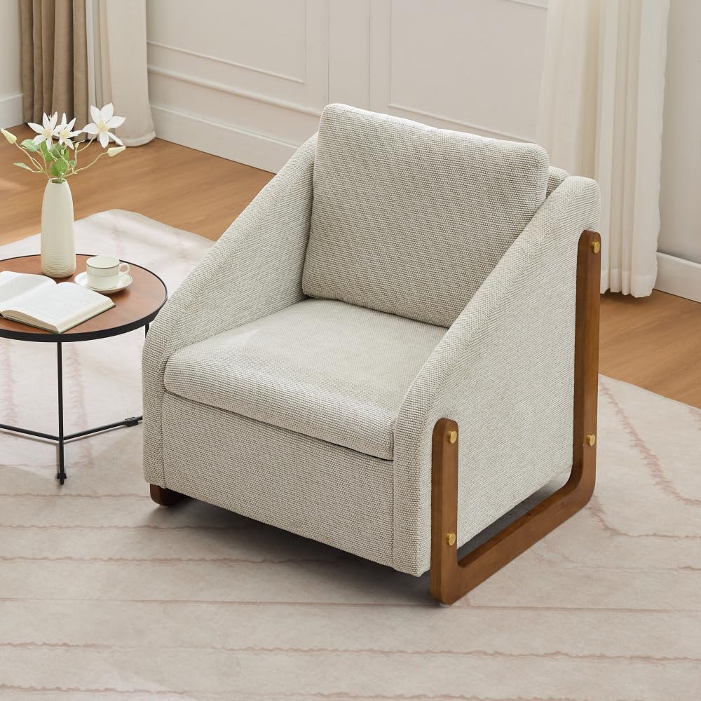 Soft Chenille Fabric Armchair, Cushioned Seat & Ergonomic Backrest - Wooden Side Frame, Blue Accent Chair for Bedroom (28.94") (Beige)