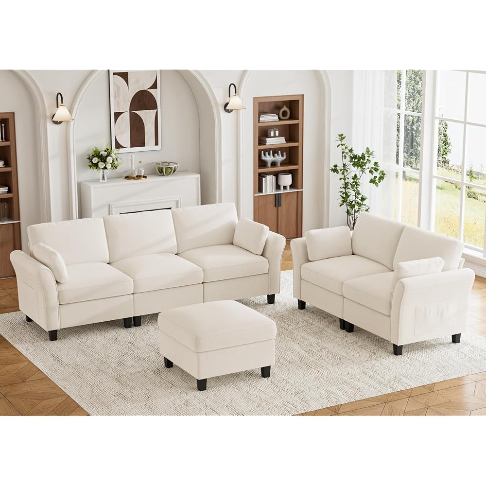 Legend Vansen Modular Sectional Sofa, 6‑Seat Comfy U‑Shaped Sectional Couch with Storage Space and Chaise, Convertible Sectional Couches for Living Room,Sofas Set with Curved Armrests,Cream