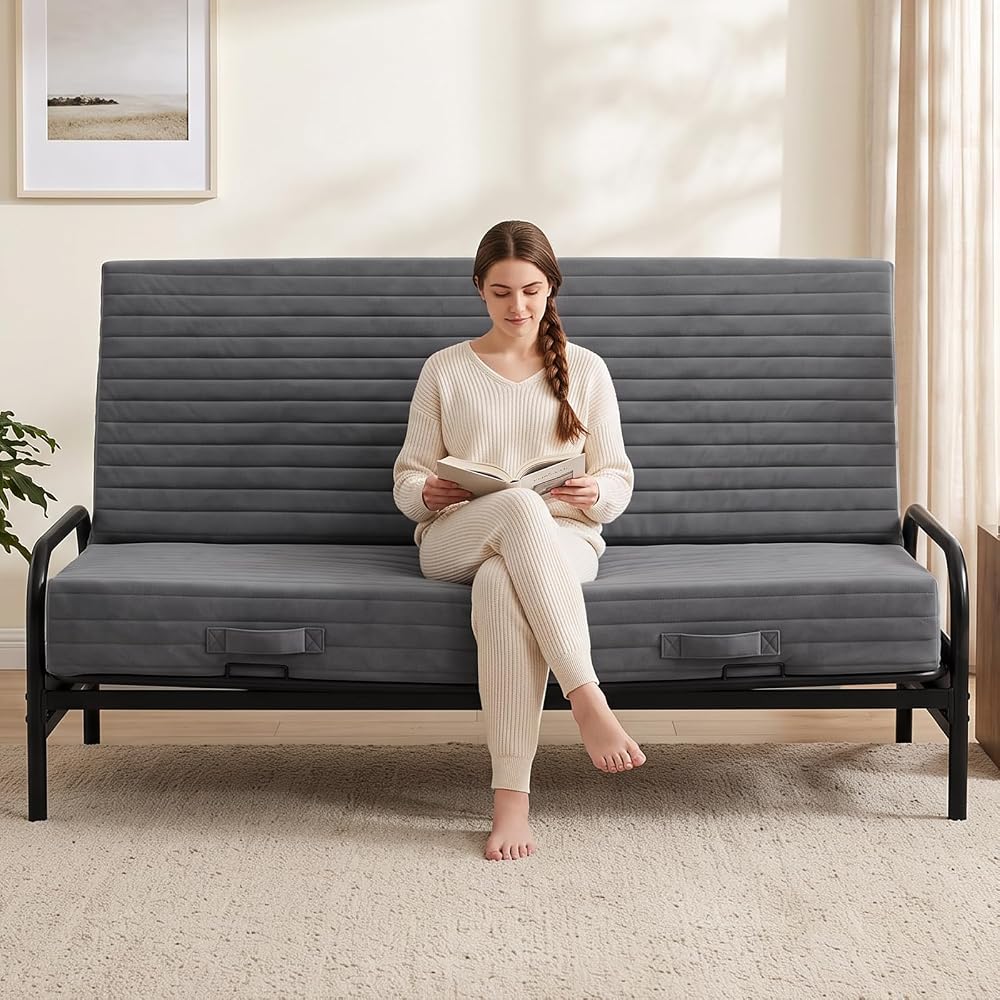 6 Inch Futon Mattress Full Size, Foldable Futon Floor Sofa Bed with Soft Thick Quilted Cover- High Resilience Foam Filling for Home, Guest Room, Dorm, Grey (Frame Not Included)