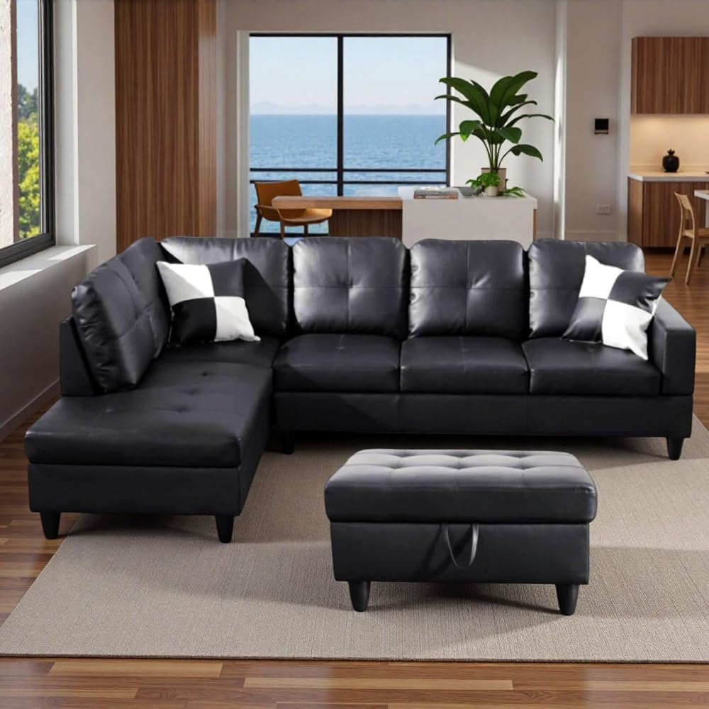 103.5" Modular Leather Sectional Sofa, 4-Seat L-Shaped Couch with Chaise & Storage Ottoman, 3-Piece Convertible Living Room Furniture Set for Apartment Office, Black