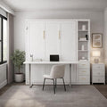 Queen Size Murphy Bed with Desk and Single Side Cabinet, White Wall Bed with Bookcase Shelves, 3 Drawers, Automatic Legs, Hydraulic Assist, Space Saving Bed for Bedroom,Guest Room,Home Office
