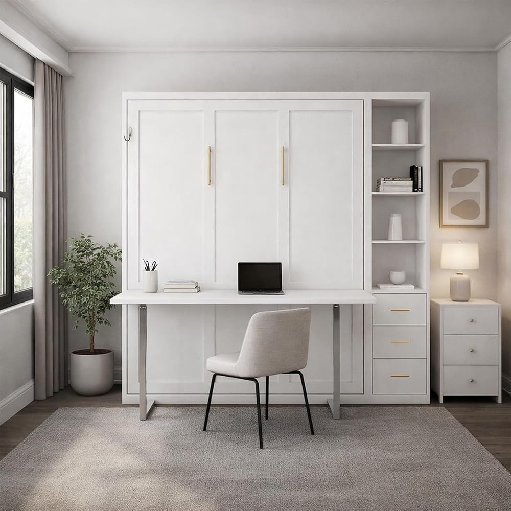 Queen Size Murphy Bed with Desk and Single Side Cabinet, White Wall Bed with Bookcase Shelves, 3 Drawers, Automatic Legs, Hydraulic Assist, Space Saving Bed for Bedroom,Guest Room,Home Office