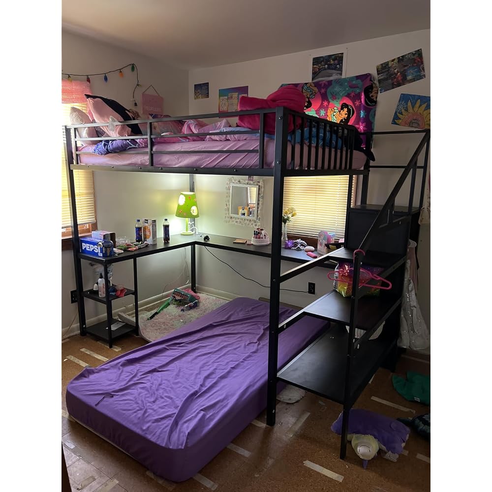 Queen Size Loft Bed with Desk and Stairs,Metal Gaming Loft Bed Queen with Wardrobe and Shelf, High Loft Bed with LED & USB Charging Station for Teens, Adults, Space Saving Design,Black