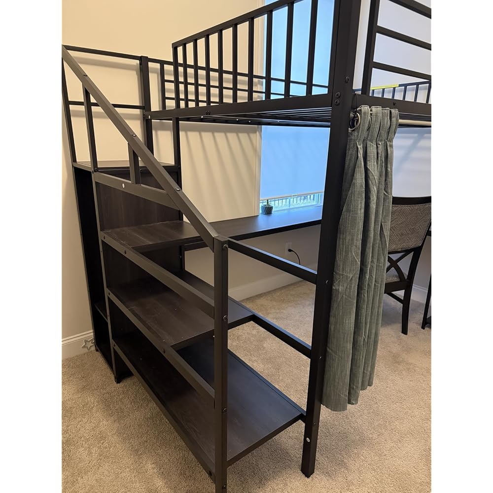 Queen Size Loft Bed with Desk and Stairs,Metal Gaming Loft Bed Queen with Wardrobe and Shelf, High Loft Bed with LED & USB Charging Station for Teens, Adults, Space Saving Design,Black