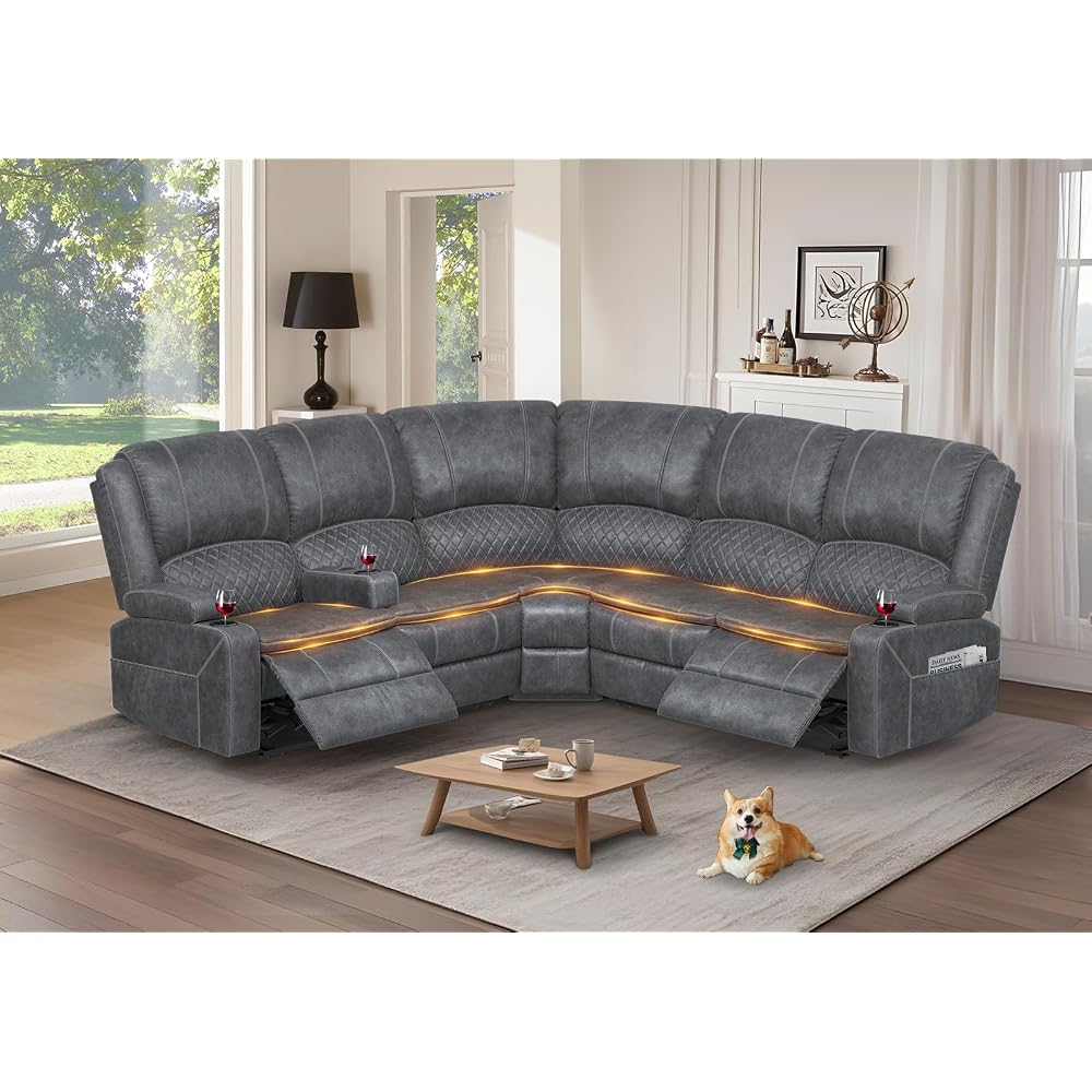 Upgraded 5 Seater Reclining Sofa Set, Living Room Couch (Velvet,Grey)