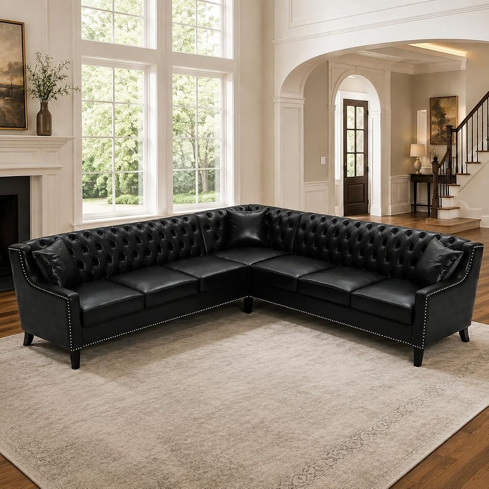 103" L-Shaped Sectional Sofa, Faux Leather Chesterfield Sofa, 6-Seat Black