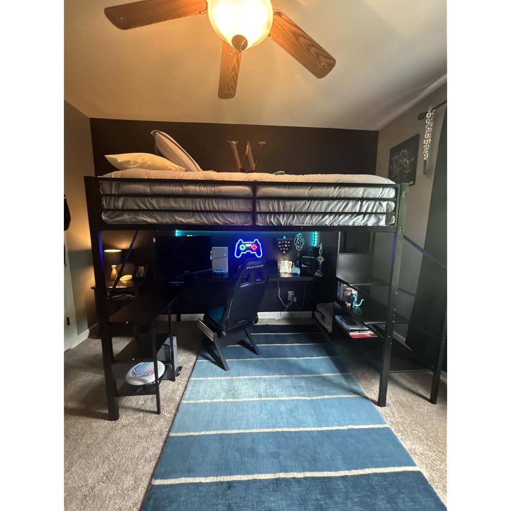 Queen Size Loft Bed with Desk and Stairs,Metal Gaming Loft Bed Queen with Wardrobe and Shelf, High Loft Bed with LED & USB Charging Station for Teens, Adults, Space Saving Design,Black