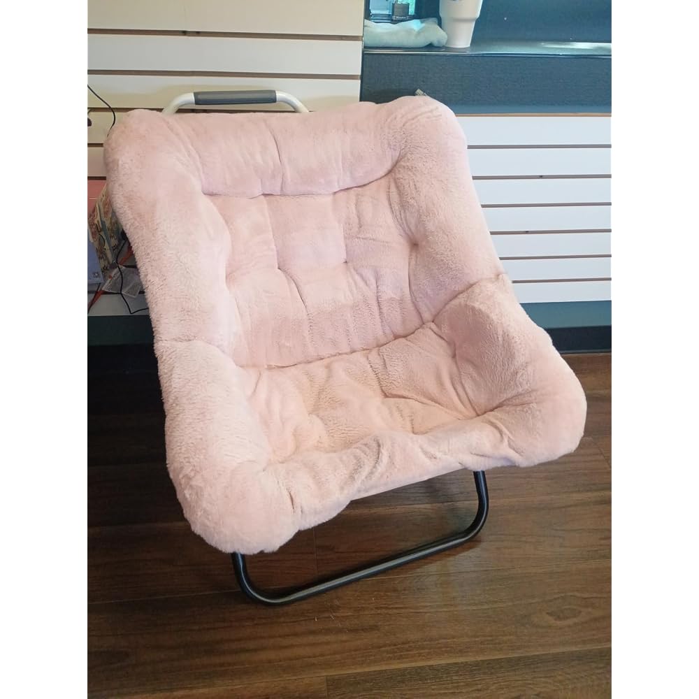 Sweetcrispy Saucer Chairs, Comfy Folding Cozy Faux Fur Living Room Reading Lounge Chair with Soft Thick Padded Seat & Metal Frame Modern Style Bedroom Home Dorm for Kids Adults, X-Large - Peach