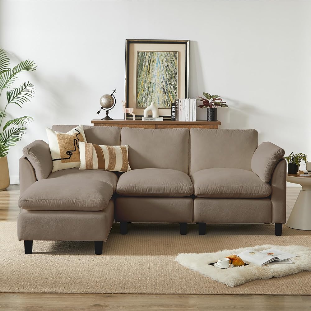 87" Convertible Sectional Sofa Couch,3 Seat L Shaped Sofa with Removable Ottoman,Comfy Chenille Fabric Small Cloud Couch for Living Room, Apartment and Office(Brown)