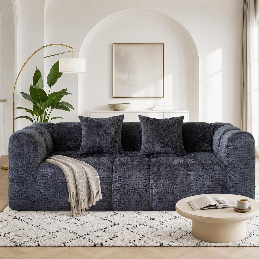 80" Modern Cloud Couch, Deep Seat Boneless Sofa, Upholstered Tufted Couch with 2 Throw Pillows, No Assembly, Dark Gray