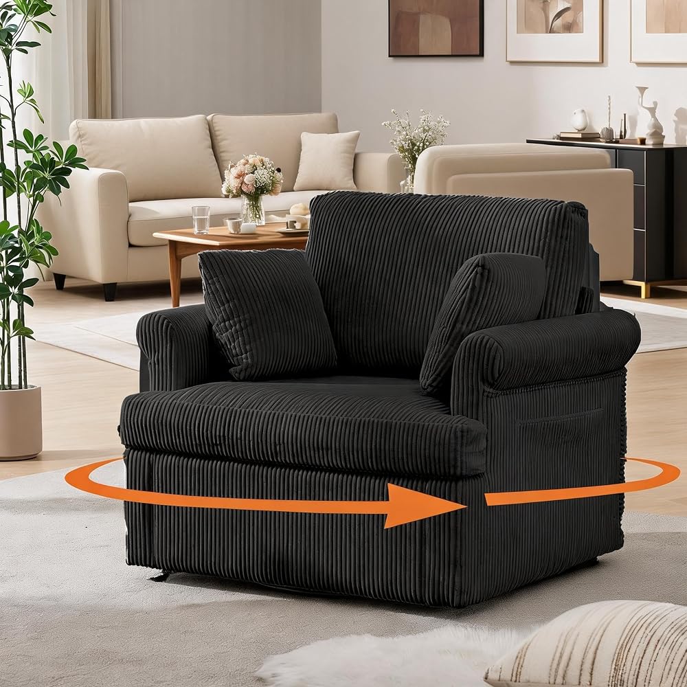 Modern Swivel Chair,360° Swivel Armchair with 2 Pillows,Corduroy Ergonomic Lounge Reading Chairs Single Sofa for Living Room/Bedroom/Office