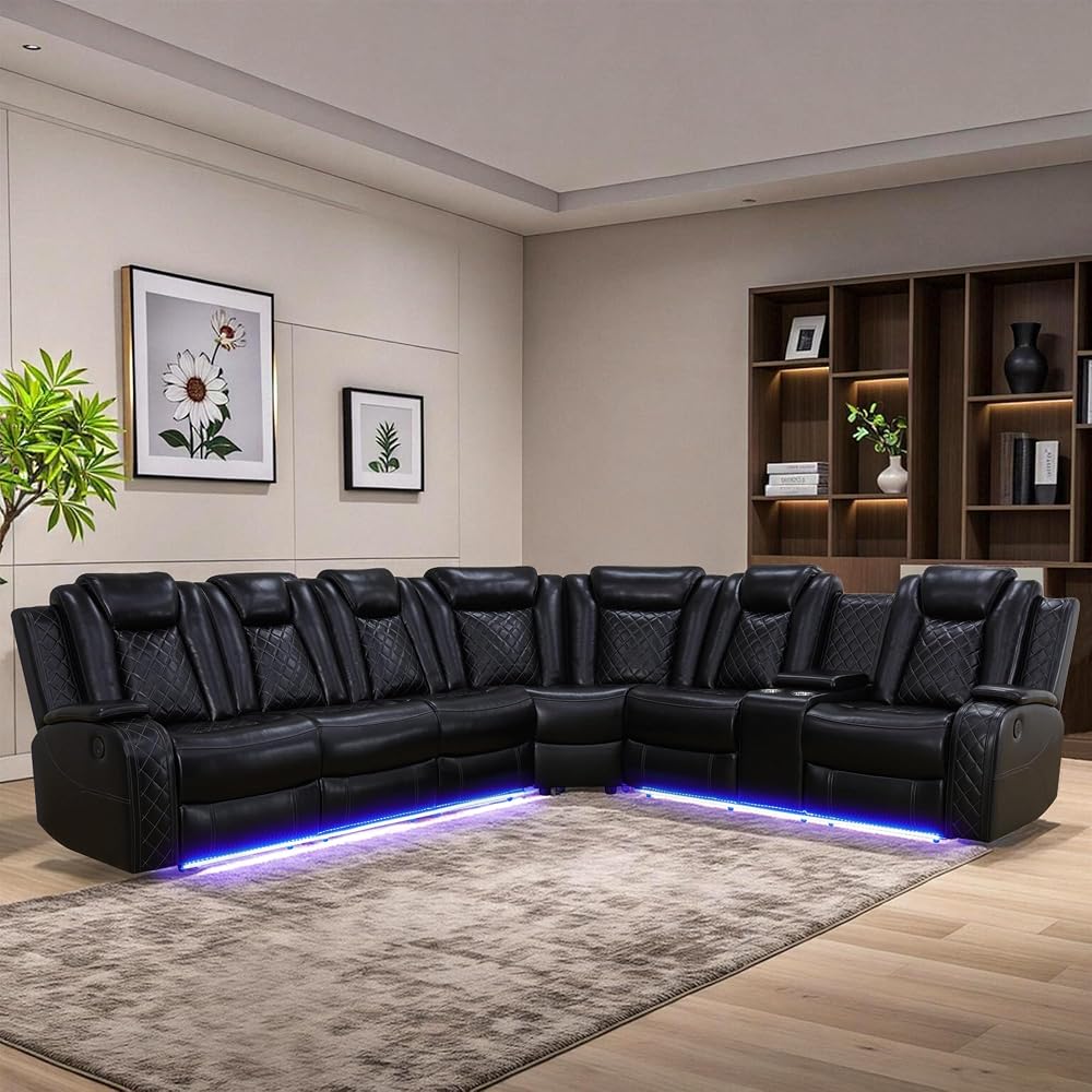 Power Recliner Sectional Sofa Set for Living Room, Leather Recliner Sofa Sets, L-Shaped Corner Sectional Couch Sets with LED Lights, Console Storage(Sectional,Black)